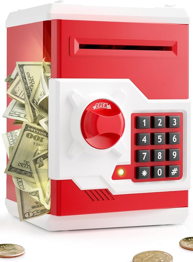 Piggy Bank for Girls Boys Large Electronic Money Coin Banks with Password Protection, Automatic Paper Money Scroll Saving Box, Great Gift for Kids (Red-White)