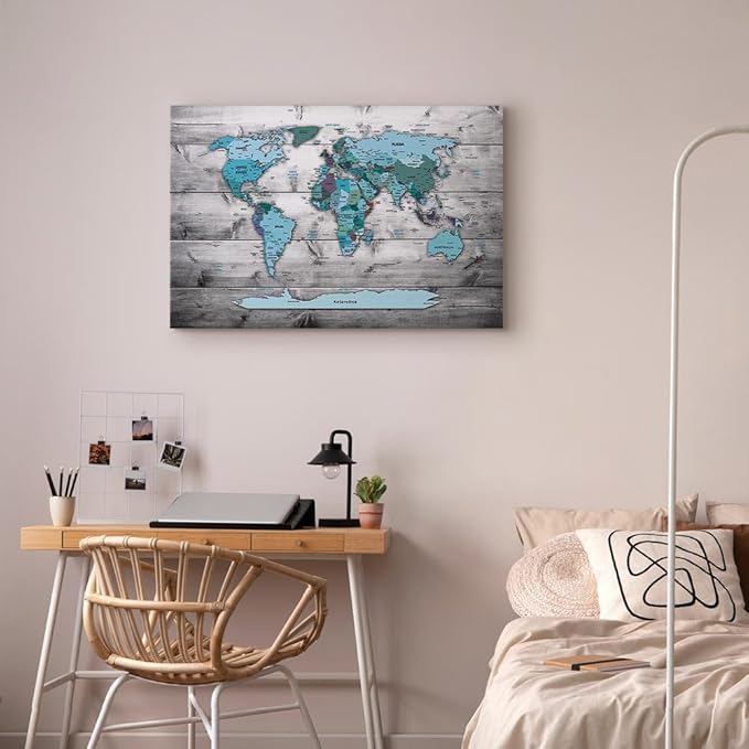 artgeist Acoustic Canvas Wall Art Print World Map 35x24 in - 1pcs Picture with Acoustic Foam Sound Print Artwork Room Acoustics Soundproofing World Travel Map Wood k-B-0009-b-d