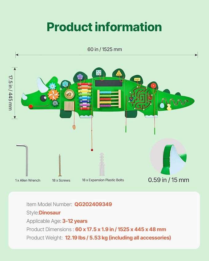VEVOR Dinosaur Activity Busy Board Wall, 11 Activities Board, Montessori Sensory Wall Panel for Kids 3-12 Years, Sensory Activity Panel, Ideal for Toddler Playroom Nursery Classroom