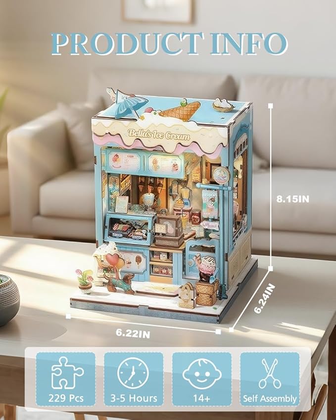 Cutefun Book Nook Kit - DIY Miniature Dollhouse Kit for Adults and Teens, Ice Cream Shop Mini House Building Kit with LED Bookshelf Insert Decor Creative Gifts (Bella's Ice Cream)
