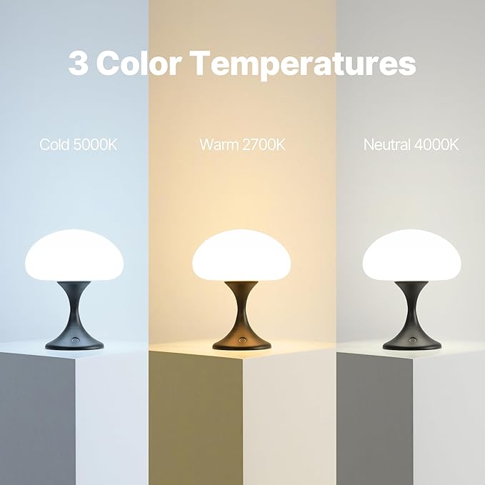Mushroom Lamp, 5W LED Cordless Rechargeable Table Lamp with Glass Shade, Small Retro Dimmable Touch Light with 3 Color Temps, Aesthetic Mid Century Bedside Light for Bedroom Ambient, Black