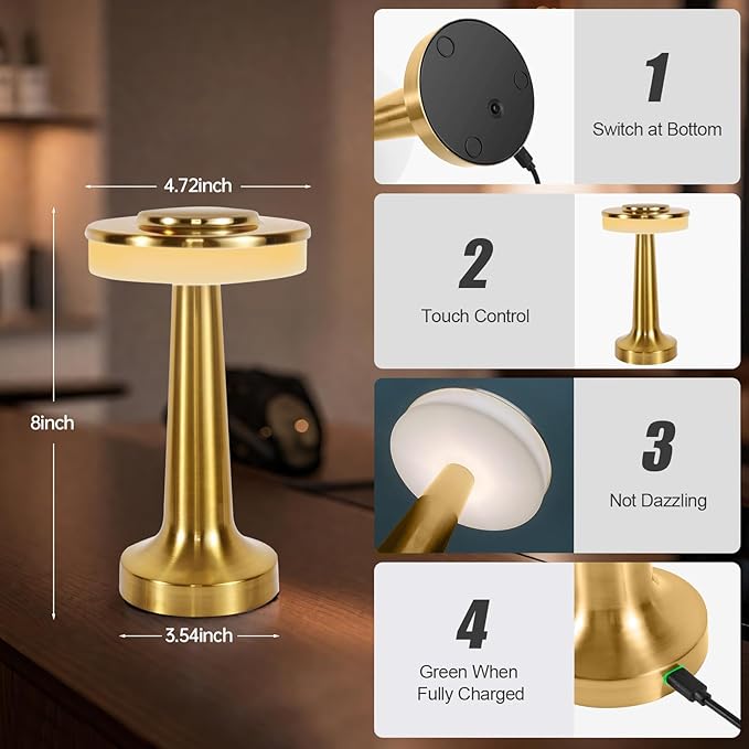 Cordless Table Lamp, Portable LED Desk Lamp, Table Sensor Control Beside Lamps, Kids Night Light with Stepless Dimming & Charging Completed Tip Light & 3 Colors Changing