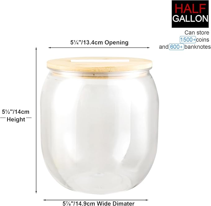 Large Clear Coin Bank Jar with Slotted Lid, Half Gallon Reusable Money Tip Change Savings Coin Jar for Coin or Raffle Ticket, Big Clear Money Coin Tip Piggy Change Bank Box for Adults Teens
