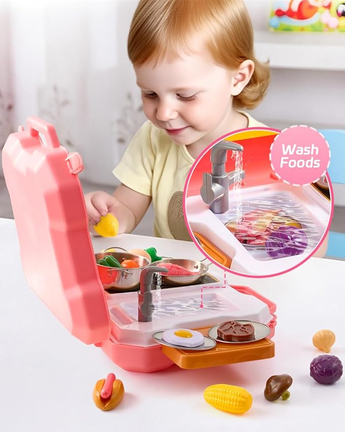 MINDNOOK Kids Kitchen Playset, 35Pcs Kitchen Sink Pretend Play Cooking Toys with Utensils, Stainless Steel Pots & Pans Play Food Sets for Kids, Learning Gift for Toddlers, Boys, Girls Ages 3+