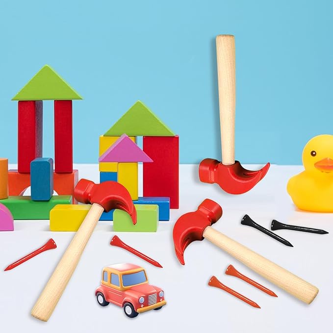 10 Pcs Kids Wooden Hammer Toy with 100 Pcs Colorful Wood Golf Tees, Small Plastic Hammer Simulation Hammers Educational Toys for Children Gift Birthday Party Halloween (Red)