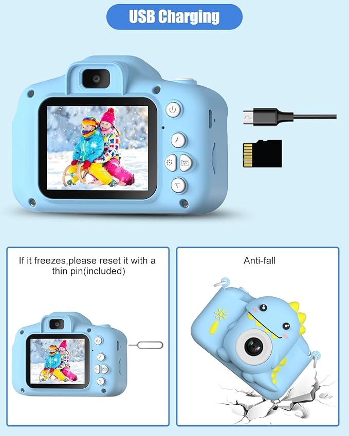Dinosaur Kids Camera Toys, Birthday Graduation Gifts for Girls Boys 3-12, 1080P HD Selfie Digital Video Camera for Toddlers,Travel Gifts Dino Toys for 4 5 6 7 8 9 Years Old (Blue)