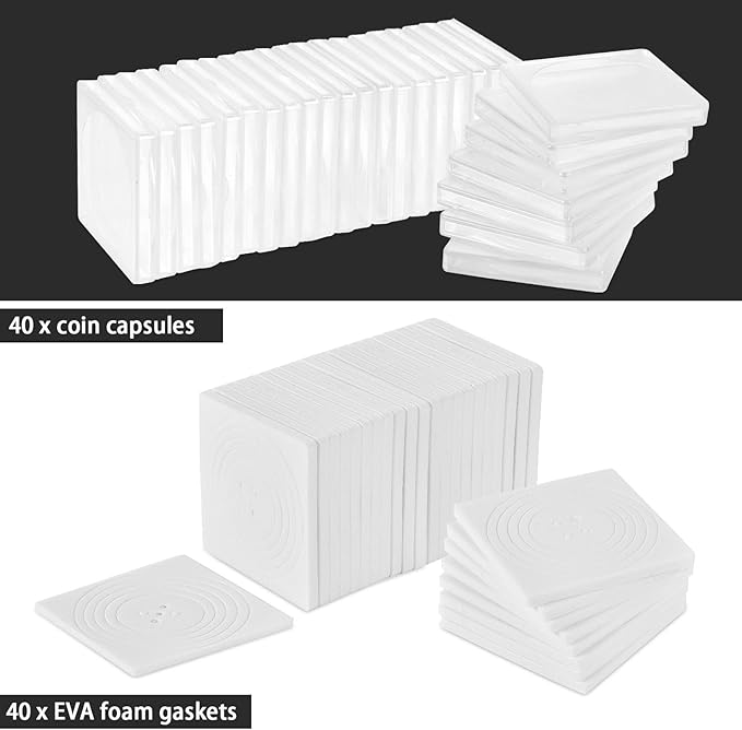 Coin Snap Holders, 40 Pieces Silver Dollar Coin Holder, Coin Capsule Storage Box with 5 Size (20/25/30/35/40 mm) Adjustable Gaskets, Coins Collection Supplies for Collectors (White, 40 pcs)