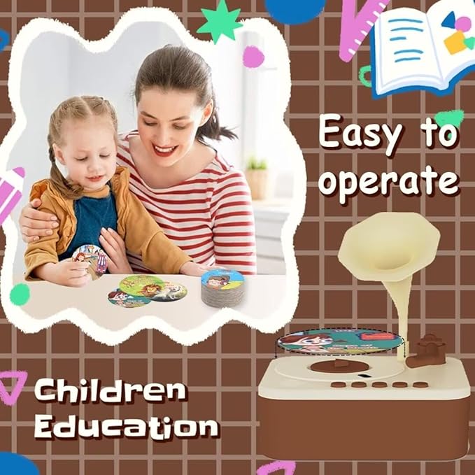Retysaz Kids Phonograph with 96 Cards, Story Music Player for Kids 3-12 Musical Sensory Toy for boy Girl,Toddler Pre-Kindergarten Toy Early Childhood Education Birthday(Brown)