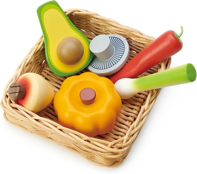 Tender Leaf Toys - Veggie Basket - 6 Pcs Wooden Vegetables with Hand-Crafted Wicker Basket, Pretend Food Playset Supermarket Shopping Game Play Kitchen Farmer's Market Accessories - Age 3+