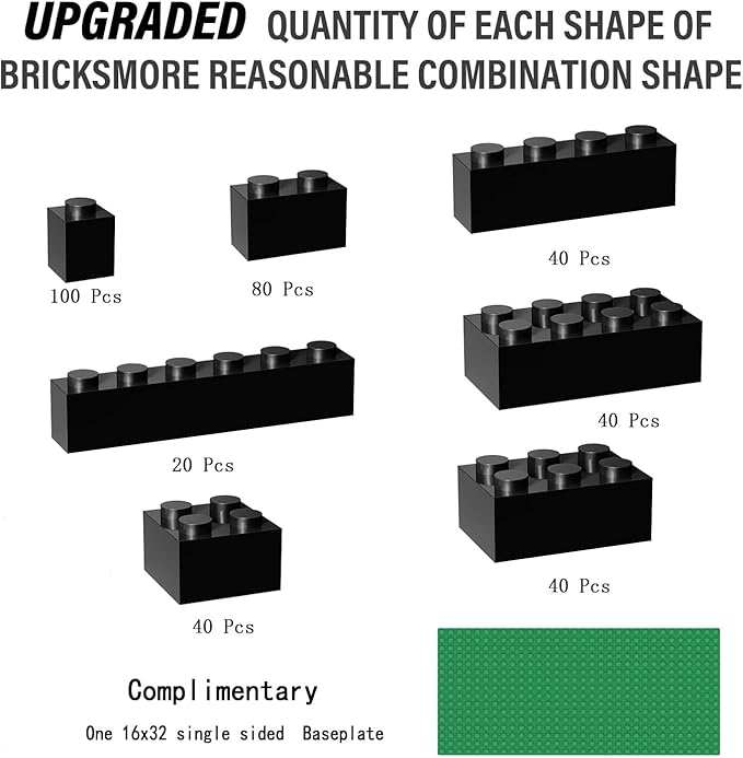 360 Piece Black Classic Building Blocks Bulk, 7 Sizes Building Bricks Assortment Pack, Compatible with Lego Parts and Pieces (Black)