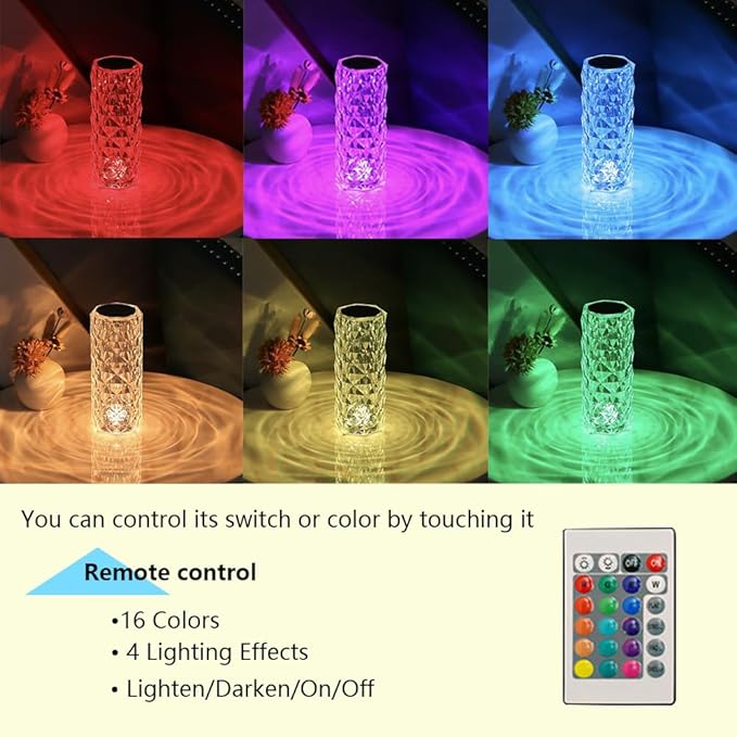 Portable Crystal Table Lamp, 16-Color Touch Control Rechargeable Night Light, Bedside Desk Lamp for Bedroom, Living Room, Kitchen & Dining Room (16-Color Rose)