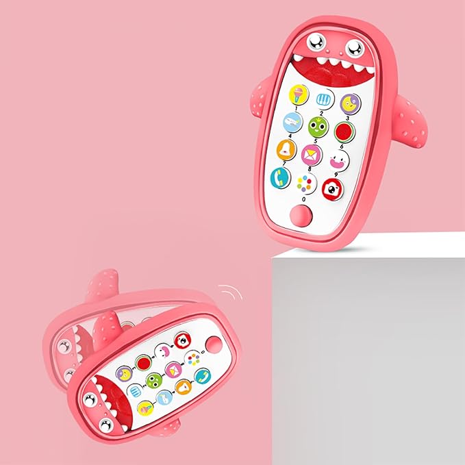 Baby Shark Cell Phone Toy Removable Teether Case, Light, Music & Adjustable Volume Kids Play & Learn Fake Phone Infant Toddler, Preschool Holiday Birthday Presnet for Girl Boy 12 Months (Red)