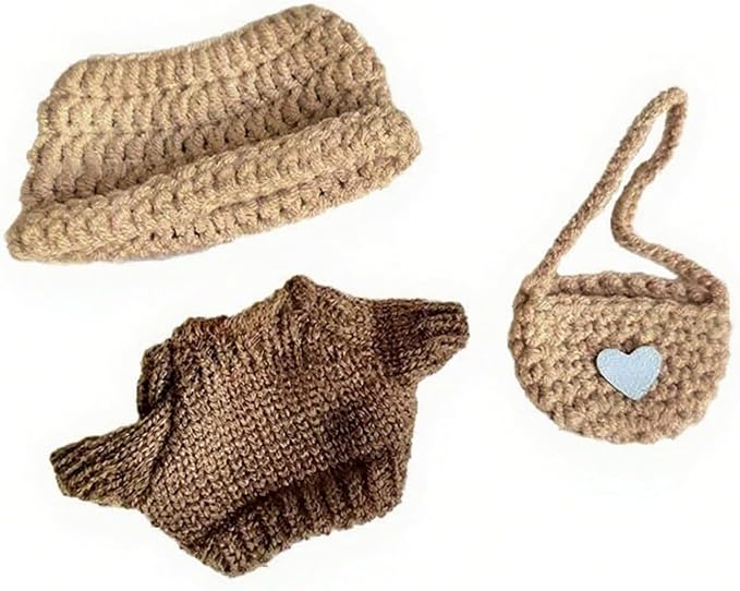 Doll Clothes for 17cm Figures,Cute Handmade Knitted Suits with Hat,3 Piece Set Doll Dress-up,Khaki