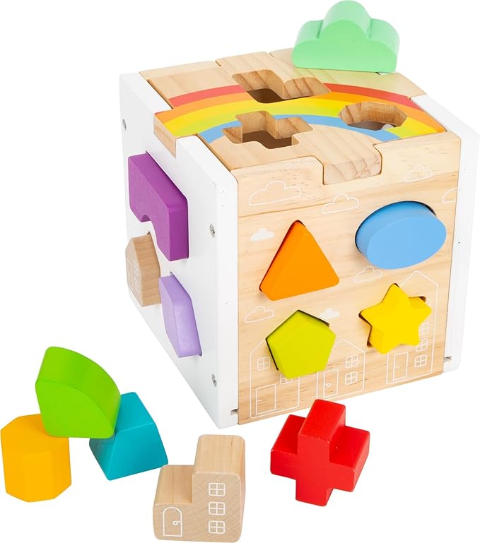Wooden Rainbow Shape Sorter Cube – Sorting Toy with 13 Geometric Shapes & Removable Lid – Educational Game for Dexterity & Fine Motor Skills – Teaches Counting, Shapes and Colors – Ages 12+ Months
