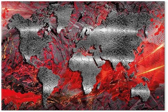 artgeist Canvas Wall Art World Map 35x24 in - 1pcs Home Decor Framed Stretched Picture Photo Painting Artwork Image - Abstract Continents Map World Map Red Silver k-A-0505-b-c