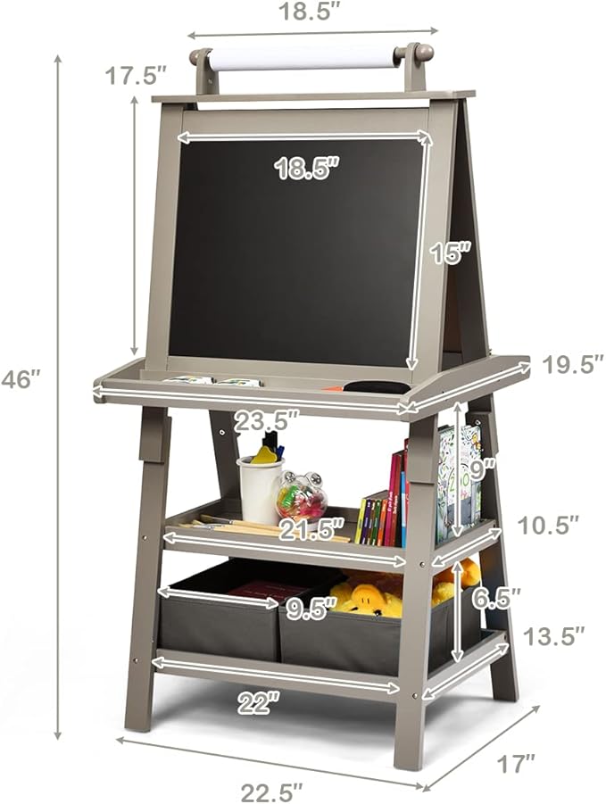 Costzon Kids Art Easel, 3 in 1 Double-Sided Wooden Easel w/Magnetic Whiteboard, Chalkboard & Paper Roll, 2-Tier Rack w/ 2 Storage Boxes, Standing Easel for Kids, Toddlers, Boys, Girls (Grey)