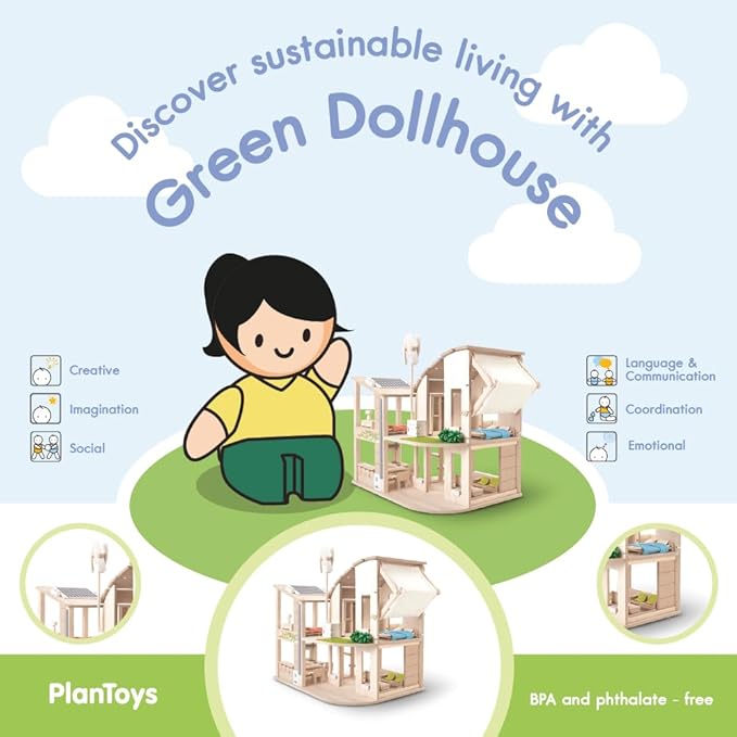 PlanToys Green Wooden Dollhouse with Furniture - Chemical-Free Green Toy Featuring 18 Wooden Furtniture Set