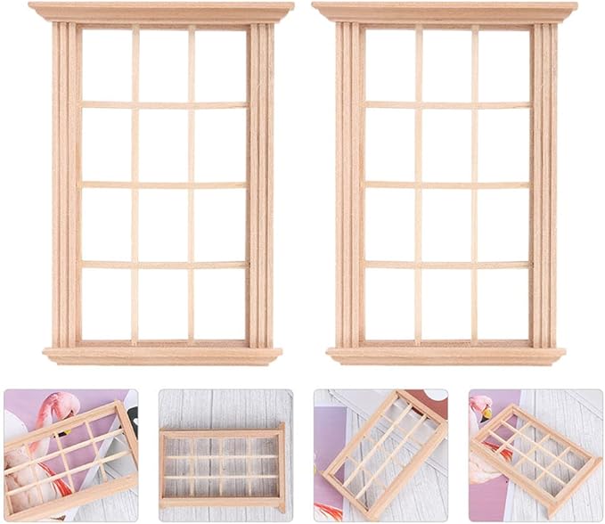 DOITOOL 2Pcs 1: 12 Dollhouse Window Frame Dollhouse Miniature Furniture Mini Wooden Window Frame DIY Dollhouse Bedroom Accessories, 3.3 x 4.5inch