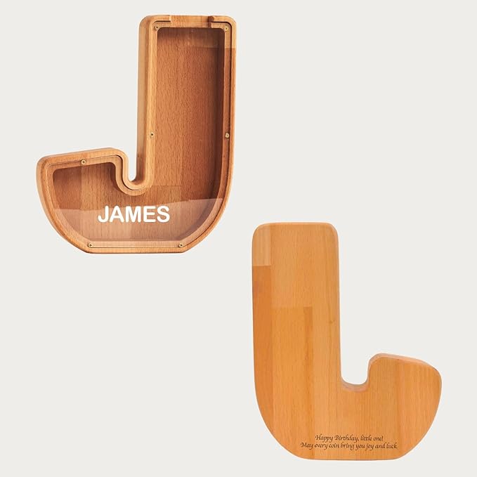 Personalized Wooden Piggy Bank – Custom Letter J Coin Bank in Beech Wood with Clear Acrylic Front, Engraved Name Option, Money Saving Box for Kids and Adults
