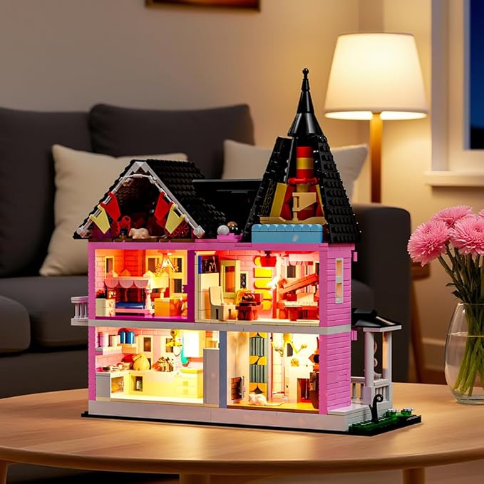 1349PCS Pink Palace House Building Set, Halloween Haunted House Blocks Toy, with Lights Christmas for Teens Girls 12+ ，Halloween House Kit for Kids Adults