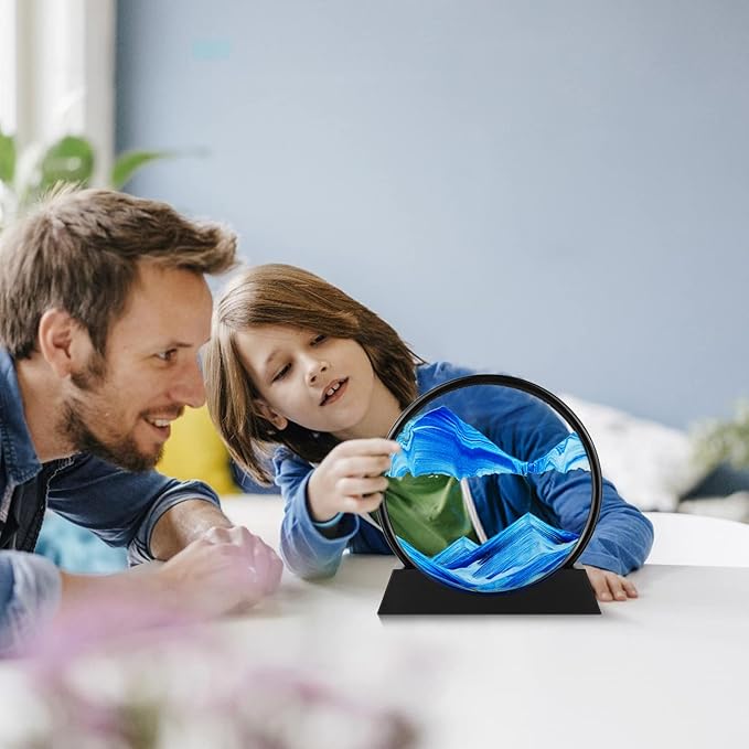 Moving Sand Art Picture - 3D Quicksand Painting Decor - Round Glass 3D Deep Sea Sandscape - Relaxing Home Decoration Desk Toys for Home Office Desk Mantle Bookshelf- (Blue, 12 in)