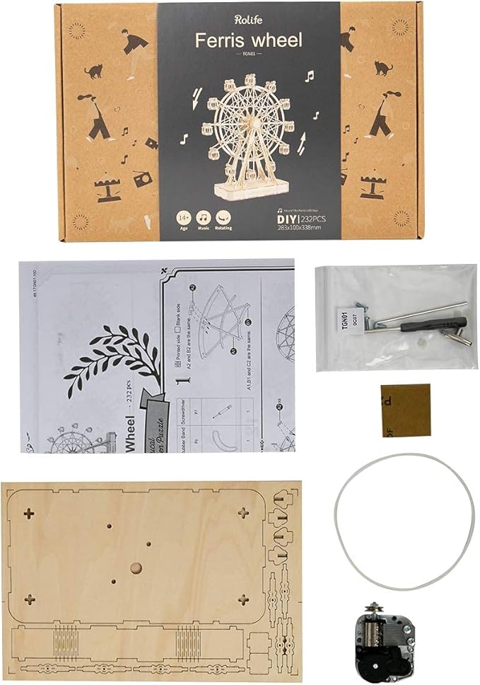Rolife 3D Wooden Puzzle Hand Crank Music Box Machinarium Toys-DIY Wood Craft Kit-Creative Gift for Adults When Christmas/Birthday (Ferris Wheel Wood Color)