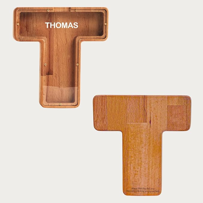 Personalized Wooden Piggy Bank – Custom Letter T Coin Bank in Beech Wood with Clear Acrylic Front, Engraved Name Option, Money Saving Box for Kids and Adults