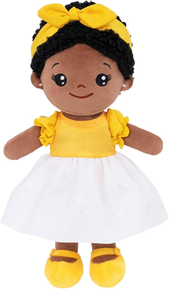 OUOZZZ 12" Soft Black Baby Doll Toys for 1 + Year Old Girl Gifts, African American Baby Dolls Birthday Gifts for 1 Year Old Girl Christmas Plush Toys Gift for Toddler Kids Yellow Bow-tie