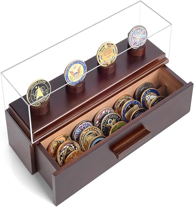 Challenge Coin Display Case, Military Coin Collection Holder with Wooden Coin Box, Drawers, and Clear Acrylic Lid – Gifts for Coins Collectors (4 Pillars)
