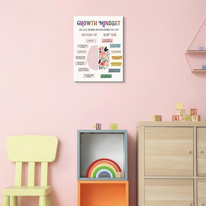 uoyien Growth Mindset Mental Health Posters Classroom Counseling Room Therapy Wall Decor Affirmations Quotes Canvas Wall Art Kids Special Educational Brain Neurodiversity Prints 16x22in Wood Framed