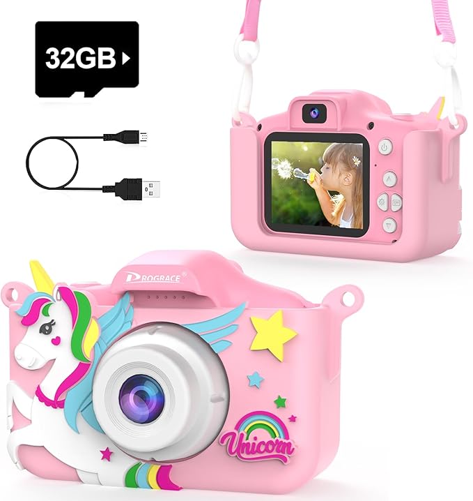 PROGRACE Kids Camera for Girls and Boys - Ages 3-12, Digital Video Camcorder Toy with Cartoon Soft Cover - Unicorn Camera with 32GB SD Card - Best Christmas Birthday Gift for Kids, Pink