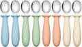 DRKIO 8 PCS Toddler Spoons Set - Baby Spoons with Silicone Handle Children safe 18/8 Stainless Steel Toddler Utensils Set for Self Feeding Kids Silverware Anti-Choke Design Food Grade Dishwasher Safe