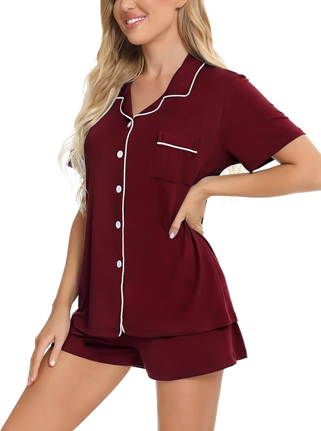 SWOMOG Womens Button Down Pajamas Set Short Sleeve Sleepwear Bride Soft Pj Lounge Sets XS-3XL