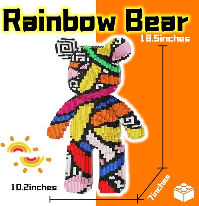 Rainbow Graffiti Bear Micro Building Blocks Set(18.5inches) Animal Winktoys Blocks Bear Building Blocks Gift for Adult and Kid