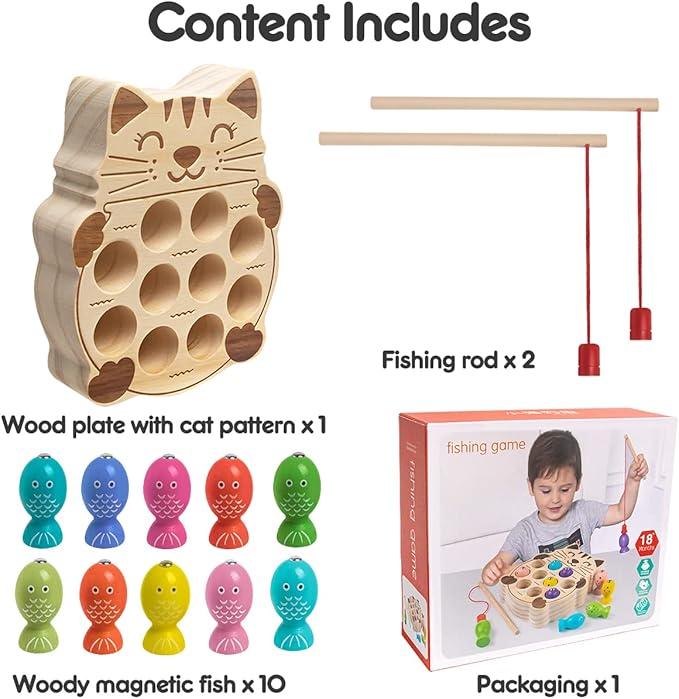 Fishing Game for Kids 3-5,Wooden Montessori Preschool Education Learning Hand-Eye Cognition & Fine Motor Skill Color Sorting Magnetic Fishing Toys Easter Basket Stuffers for Toddler Boys Girls