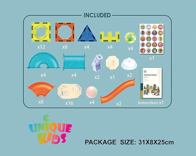 Unique Kids Magnetic Tiles Building Blocks with Marble Run - Engaging STEM/STEAM Toys for Boys and Girls - Perfect Christmas or Birthday Gift (75 pcs)