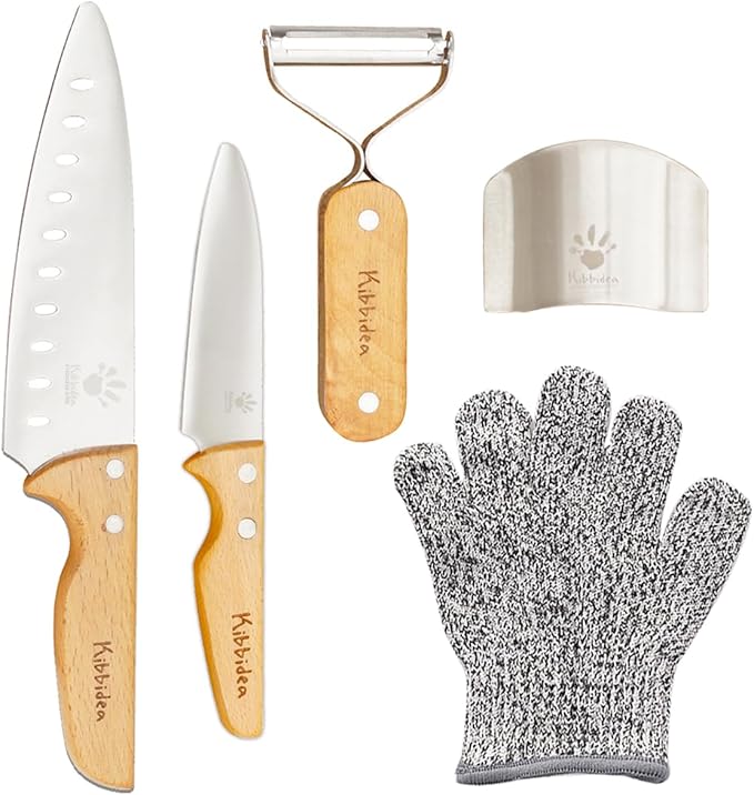 Kibbidea Kids Knife Set 4-Pieces, Stainless Steel, Wooden Handle Kids Knives for Real Cooking, Child Friendly Chef Knife for Cutting Chopping, BPA-free Kitchen Knives for Teenager 8-12