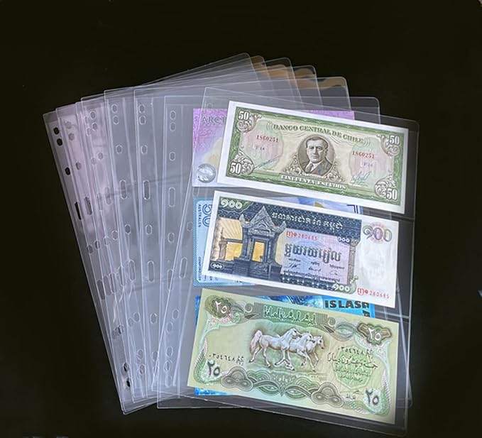 3 Pockets Paper Money Collection Supplies Pages, 10 Sheets Money Stamp Page Holders Currency Collecting Book Album Sleeves for Standard 9-Hole Coin Collector Binder