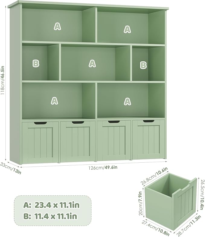 FINETONES Toy Storage Organizer, Kids Bookshelf with 4 Movable Chests and 7 Storage Cubes, Toy Chest Storage with Hidden Wheels, Toy Organizers and Toy Storage, Green