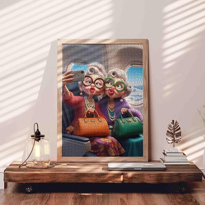 Fashionable Senior Ladies On Airplane Jigsaw Puzzle for Adults Students Funny Cartoon Style 1000 Pieces 20×27 Inches Colorful Travel Humor Puzzle Gift Idea for Relaxing and Creative Time Wall Decor