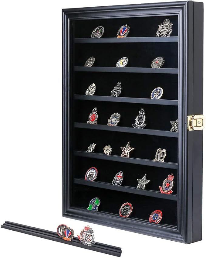Military Challenge Coin Display Case Lockable Wood Cabinet Rack Holder Black Shadow Box with Removable 2 Grooves Shelves and Anti Fade Real Glass Door for Casino Poker Chips Collectibles
