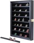 Military Challenge Coin Display Case Lockable Wood Cabinet Rack Holder Black Shadow Box with Removable 2 Grooves Shelves and Anti Fade Real Glass Door for Casino Poker Chips Collectibles