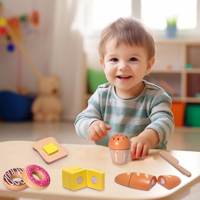 Wooden Bakery Playset Food Toys, Kids Pretend Play Food Baking Set Kitchen Accessories with Storage Bag, Pretend Play Bread Cutting Food for Boys Girls 3+