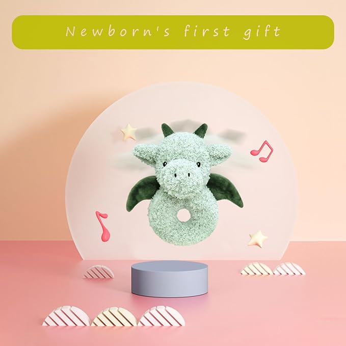 Baby Dragon Soft Rattle Toy, Plush Dinosaur Infant Shaker Rattle Easy-Grasp Stuffed Animal Toy, Gifts for Newborns Babies Toddlers Boys Girls, Green, 6 Inches