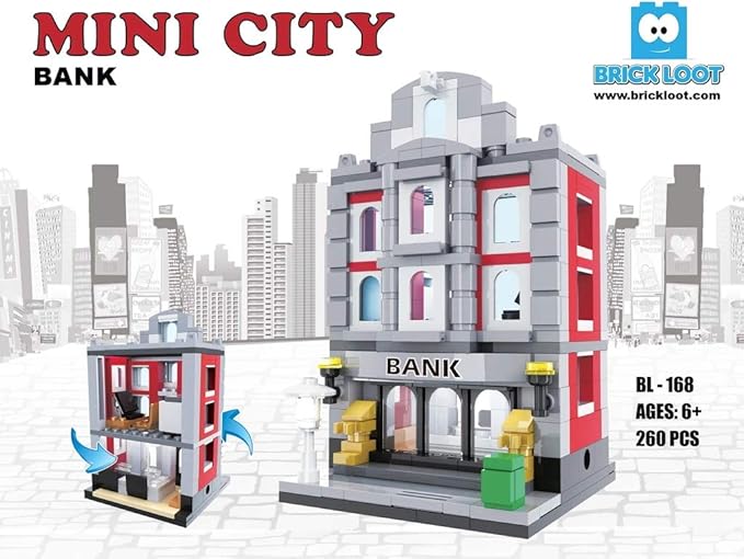 Brick Loot Mini City Bank Building Set – 260-Piece DIY Architecture Model Kit for Kids & Adults Ages 6+ – Compatible with Lego and Major Brands