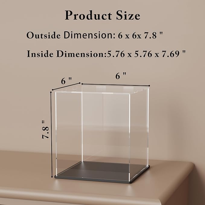 SVENJBB Acrylic Display Case, 6x6x7.8 Inch Rectangle, Clear Acrylic Boxes with Matte Black Base and Lid for Collectibles and Figures