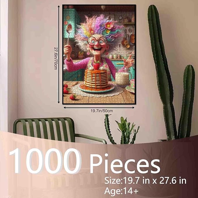 Funny Grandma Pancake Jigsaw Puzzles 1000 Pieces Rainbow Hair Elderly Lady Art Jigsaw Puzzles for Challenging Family Games Kitchen DIY Handwork Puzzle for Home Wall Decor Gifts 20x27 Inches