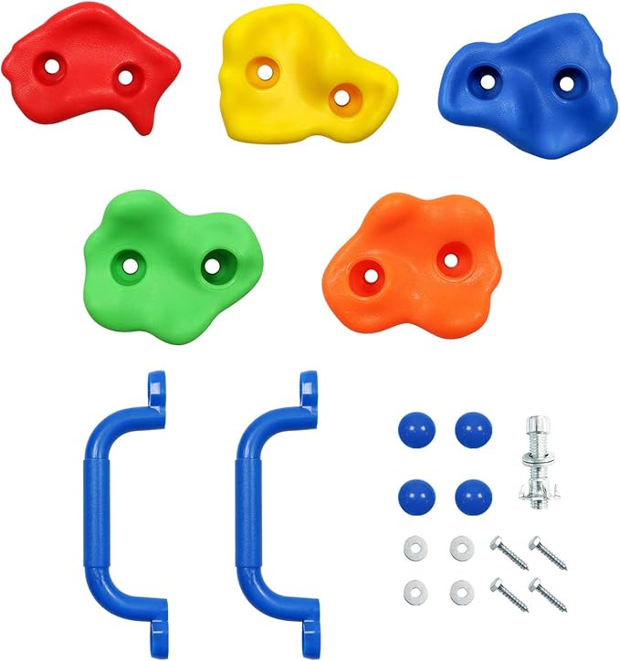 Rainbow Craft DIY Monkey Rock Climbing Holds for Kids - Wall Climbing Rocks of 20pc Rock Wall Holds, 2pc Handles & 1pc 8ft Knotted Climbing Rope - Kids Rock Climbing Holds Rock Wall Climbing Kit