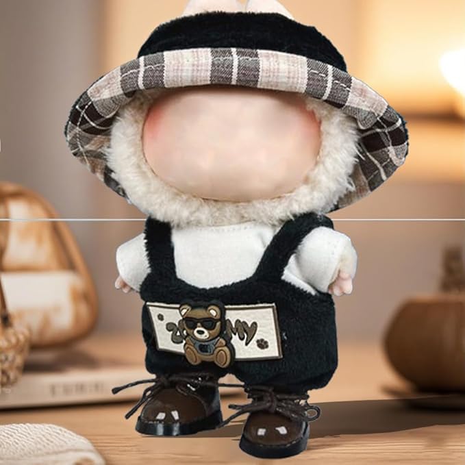 17cm Clothes Set, Cute Hat Unique Pocket Design Overalls Dress up Set(NO Doll), Handmade Clothing Designed for 17cm Doll (Black Set)