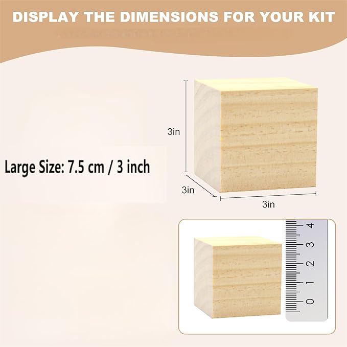 4PACK Wooden Blocks for Crafts, Unfinished Wood Cubes Blocks, 3 Inch Natural Wood Square Blocks, Wooden Cubes for Arts and Crafts and DIY Projects